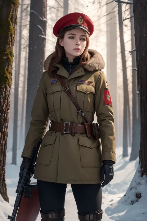 Beautiful female Soviet soldier, Polish face, Reddish brown hair, military beret with Polish shield, gloved hands, brown uniform with dark red details, carries a machine gun, belt with ammunition and transmitter, military boots, stands in a Polish forest, ...