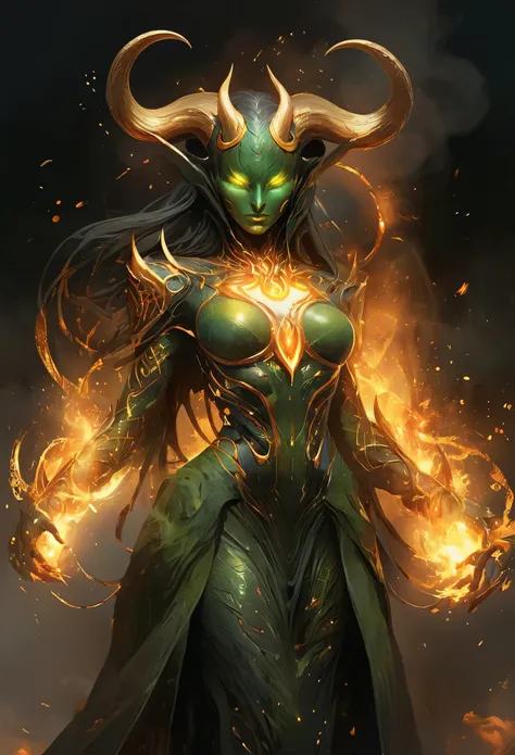 faceless female demon, extradimensional creatures, (realistic:1.3), long horns, her whole body is engulfed in golden flames, inf...