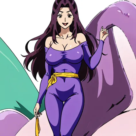 masterpiece、highest quality、Anime Women、solo、Watching the audience、laugh at、Long Hair、Purple Hair、eyelash、lipstick、Brown eyes、Big Breasts、cleavage、A woman with very large breasts、collarbone、Purple bodysuit、Off the shoulder、Long sleeve、green sash、