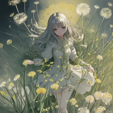 Dandelion-themed artwork, ((highest quality)), High resolution, 8k, Cinematic Light, High Contrast, Written boundary depth, Strong brilliance, Detailed Background, One Girl, cute, fine grain, Shining Eyes, Detailed Iris,bright、Hilarious