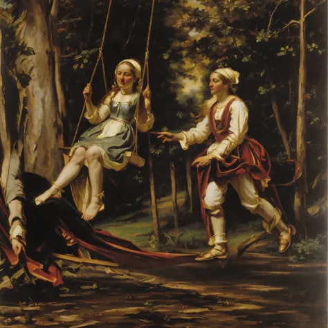 Joyful antique classical painting of a young woman on a swing and a knight, en el bosque , estilo Rembrandt 