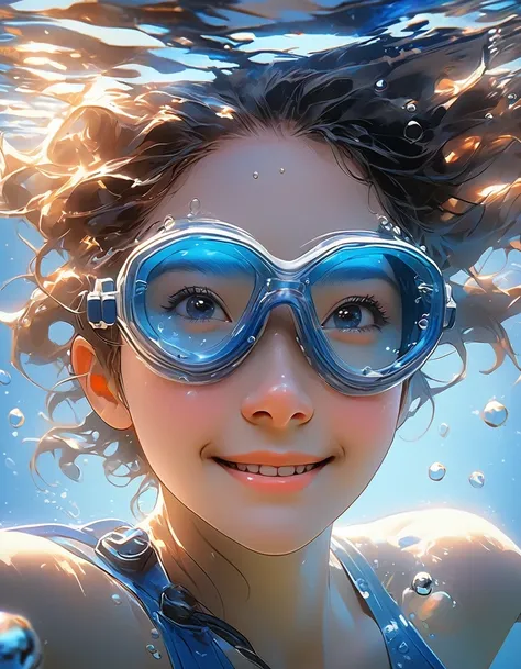 in style of Abigail Larson, beautiful details，girl swims underwater,diving， in the style of otomo katsuhiro, in a realistic hyper detailed render style, smile, glow, blue, zbrush, diving glasses, hyper realistic oil, head close up, exaggerated perspective,...