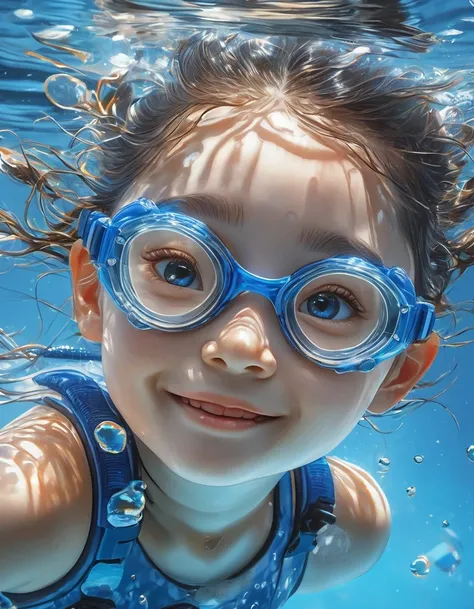 ，girl swims underwater,diving， in the style of otomo katsuhiro, in a realistic hyper detailed render style, smile, glow, blue, zbrush, diving glasses, hyper realistic oil, head close up, exaggerated perspective, tyndall effect, water drops, mother of pearl...