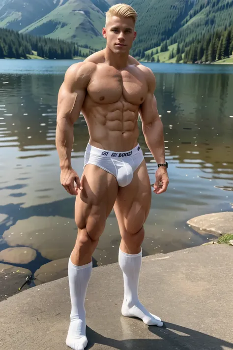 full view full body, Portrait of 27 yo bodybuilded blond man with undercut haircut, with over-muscular torso, over-inflated pecs and biceps, over-inflated abs, , big bulge, slimy body, with skinny under-muscular frog legs and white socked feet, standing in...