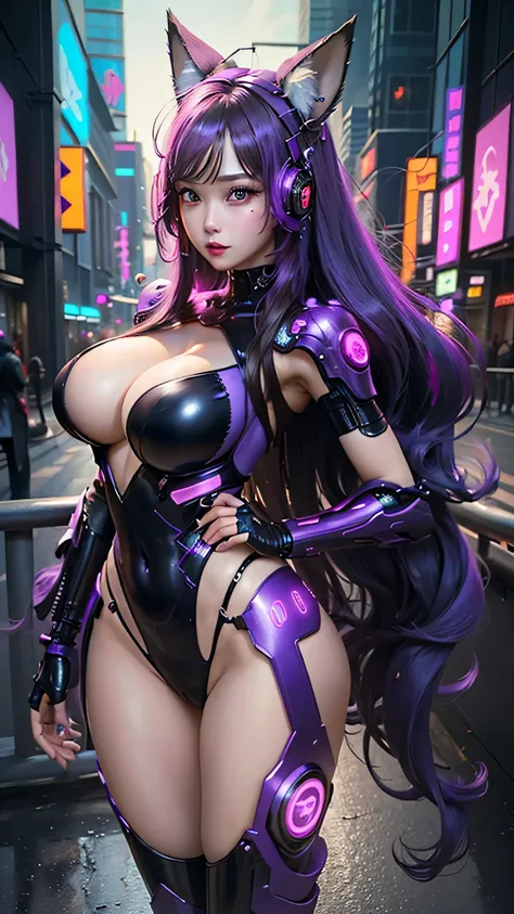 Gorgeous girl, big breasts, big ass, thin waist, Open legs, High facial detail, futuristic sexy costume, cyberpunk, purple very long hair, city of the future, hologram, Neon lighting, ultra detailed, a high resolution, masterpiece, high quality, a high res...