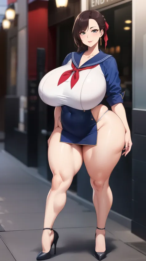 Big Breasts, Big Hips, Full Body Shot, Mature mother, Voluptuous thighs, Full calf, Seductive mature woman, Perfect body, Plus Size Model, Sailor suit, Wearing high heels,Miniskirt uniform, 