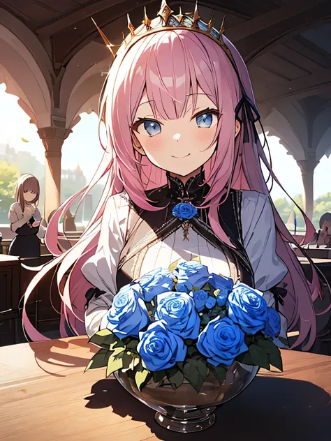 absurd, high resolution, (anime style:1.1), ((on the table)), ((best quality)), (Super detailed), (fair), solo, fair face、(lift),12 years old、In a huge and exquisite castle made entirely of glass、Cute princess dress、girl with、Pink colorful hair, Color eyes...