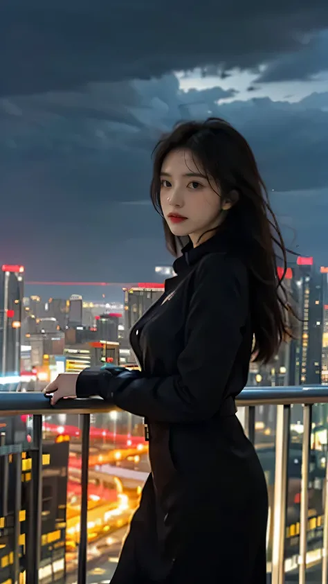 "A silhouette of a young woman leaning against the railing of a city apartments balcony, overlooking the sprawling metropolis below. The sky is overcast, with the first drops of rain beginning to fall, reflecting her somber mood. The city lights twinkle in...