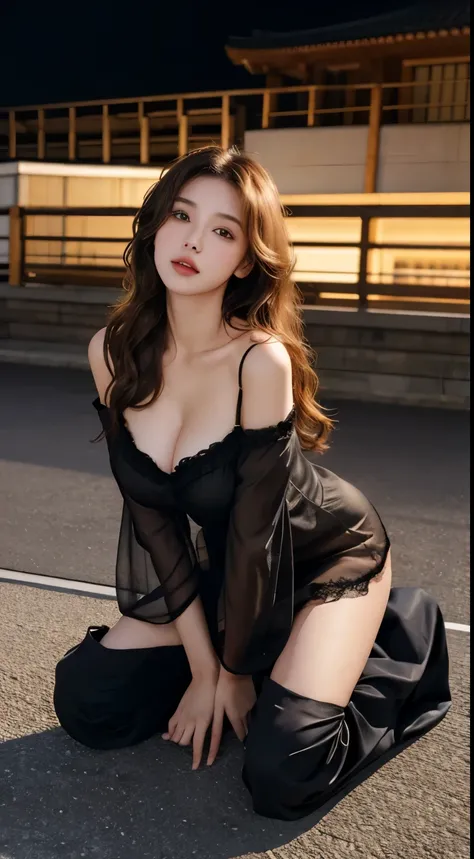 Photorealistic :2.0, masterpiece :1.3, best quality, high resolution, a girl, cute, big breasts, kneel on the ground, brown long wave hair, full body, cowboy shot, off shoulder, Japanese woman, black negligee