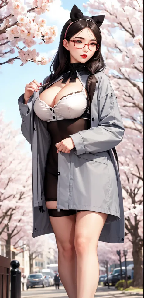 Wearing a pigtail, headband, tight-fitting stockings, deep cleavage, sagging breasts, a high-end figure, a gray coat, a white shirt, a full bust, a full bottom, and standing under a cherry blossom tree is truly a masterpiece of art. The attention to detail...