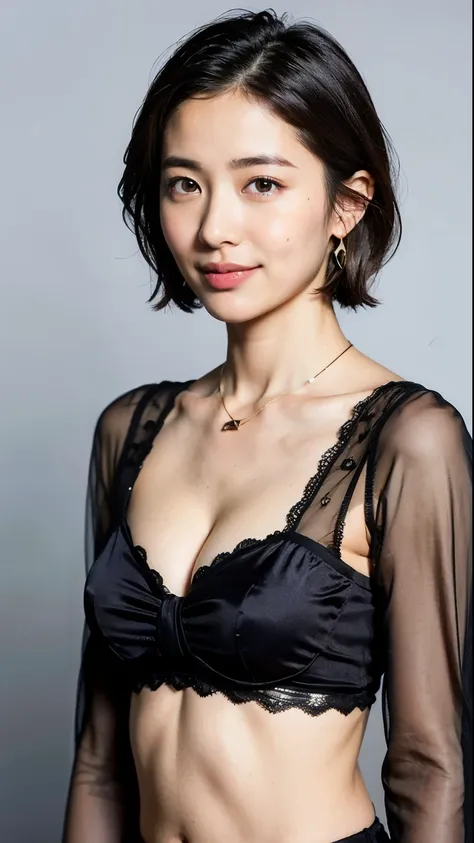 (highest quality, 8k, 32k, masterpiece, Ultra-high resolution:1.2),Beautiful Japanese Women Photos, very short bob hair,Upper body shot,Earrings, necklace, Simple Background, View your viewers, Exposing shoulders, Sheer silk lace crop top,Mouth half open、E...