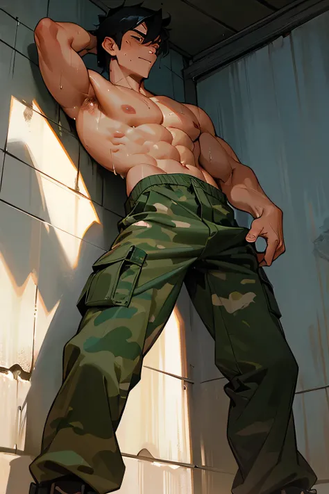 shirtless handsome super muscular short black hair caucasian male soldier, camouflage pants, boots, sweat-drenched, soaking wet, drenched with sweat, sweating profusely, soaking wet with sweat, panting, exhausted, gasping, resting, standing on the wall, ha...