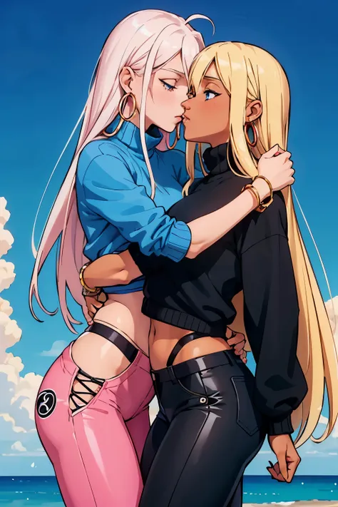 A girl, tanned skin blonde long hair, blue eyes, pink top, blue pants, hoop bracelets, hoop earrings. hugging and kissing a girl, pale skin, black long hair with bangs, black sweater, black pants, wear underwear, asian