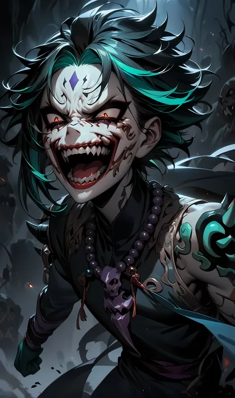 Xiao,solo,dark theme, nightmare, villian,(masterpiece), (best quality), ultra high res, professional artwork, ultra detailed, intricate, detailed face, perfect lighting, 1 man, scary face, laughing