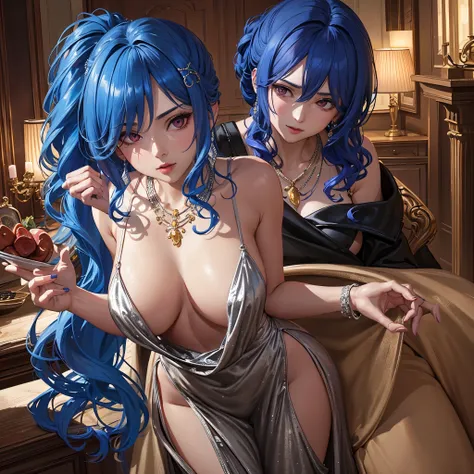 There is a seductive Anime Girl with a stunningly beautiful and detailed face, adorned in sexy lingerie that accentuates her curves. Her hair cascades in medium-length cornflower blue and cobalt blue waves, tangle-free and glossy. The intricately designed ...