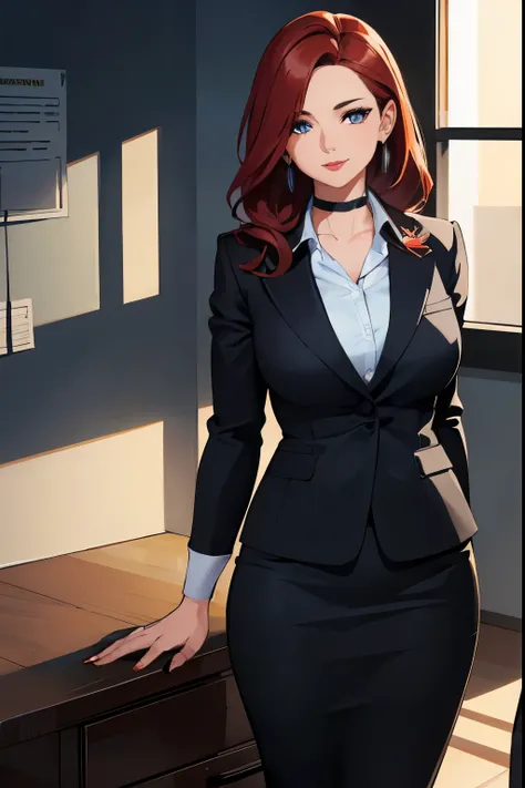 a woman in the office room, a white wall, a grey table, plants, window, sexy poseasterpiece))), ((best quality)), ((intricate detailed)), ((Hyperrealistic)), absurd res, milf, mature woman, perspective, highly detailed, illustration, 1girl, ((perfect breas...