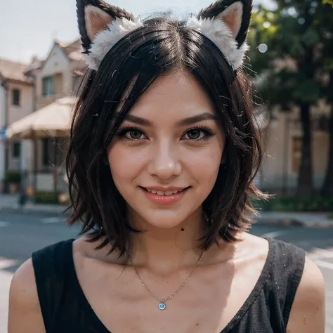 black hair, hair bobbles, wince, longeyelashes, solid circle eyes, fake animal ears, light smile, ear blush, fang, Surrealism, drop shadow, anaglyph, stereogram, tachi-e, pov, atmospheric perspective, 8k, super detail, ccurate, best quality