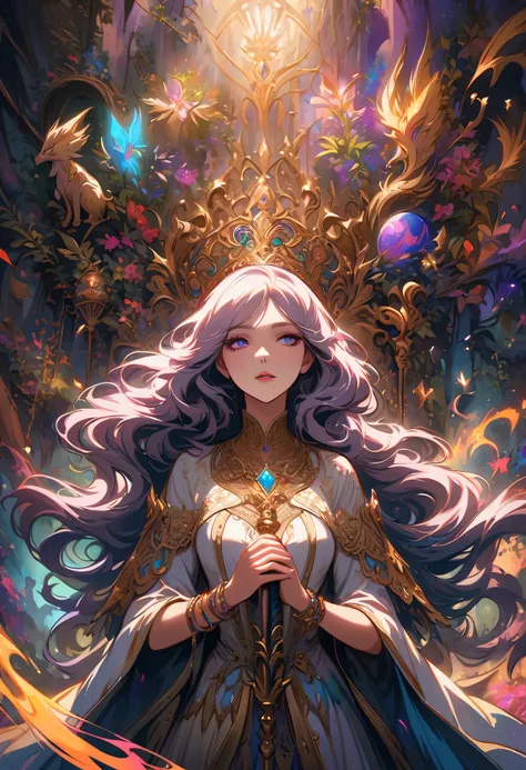 ((Extreme details)),(Super detailed), Chiaroscuro, Extremely detailed CG Unity 8K wallpaper, dark elf, priestess, golden jewelry, intricate details, mystical atmosphere, glowing eyes, ethereal beauty, delicate features, flowing hair, majestic headdress, or...