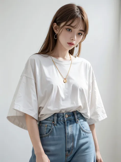 (8K, highest quality, High resolution, masterpiece :1.3), (White Background), stylish, High sense, fashion, The contour is the length of the surface, Eyes are long and narrow, (freckles), Wavy red short hair, hair band, Oversized clothing, Baggy clothes, o...