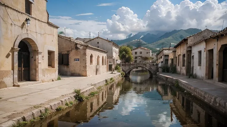 photo panoramic, un pueblo antiguo, con casas en ruinas, calles enpedradas, cielo azul con algunas nubes, al fondo una antigua iglesia, f/16, 135mm, Sony FE GM, Nikon, 360 view, first-person view, cinematic lighting, reflection light, ray tracing, high qua...