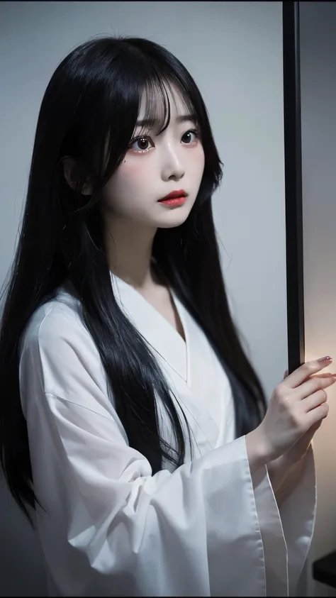 Sadako yokai, a Japanese mystical creature emerges from the TV screen with long, dripping black hair and a sad expression. Her pale, glowing skin reflects the dim lighting of the room, adding to the eerie atmosphere. She wears an old-fashioned red outfit, ...