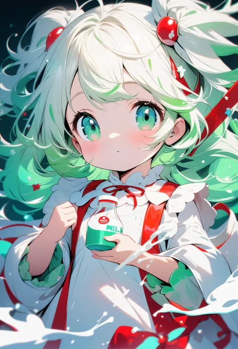 Anthropomorphic image of milk. Beautiful little girl with red, green and white colors