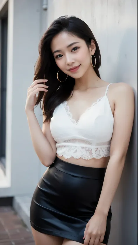 (highest quality, 8k, 32k, masterpiece, Ultra-high resolution:1.2),Beautiful Japanese Women Photos, 1 person, Glowing Skin, Glittering earrings, glamorous, Charm, Exposing shoulders, Sheer silk lace crop top, Tight Skirt, Shallow depth of field, Profession...