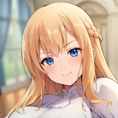 high quality, masterpiece. thick outlines. girl. braided hair. Blue eyes. haughty face. sly eyes. Evil haughty smile. white elegant dress. against the backdrop of a luxurious room. 