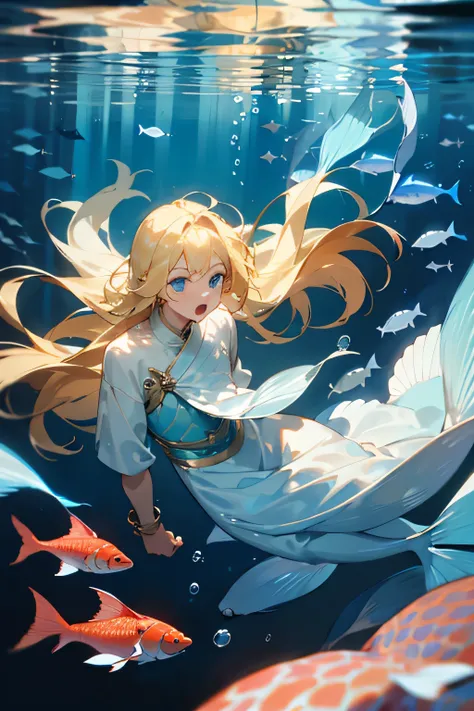 Male, Blonde hair, surprised face, blue eyes, long hair, underwater, mermaid tail, fish scales, Cristine Water, flowy clothes, fish swimming arround