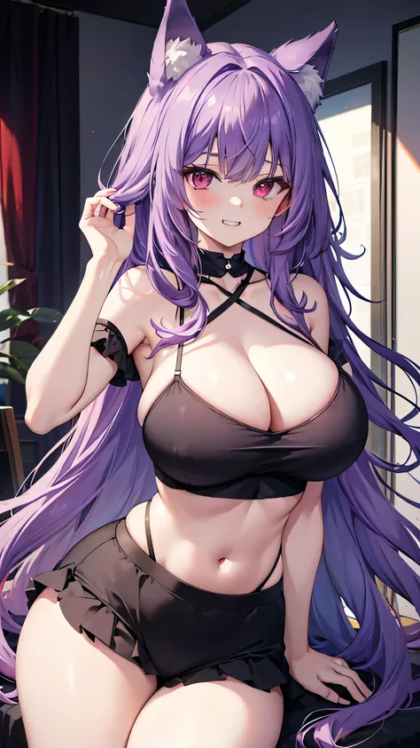 Wolf Girl, Large Breasts, Voluminous purple hair, masterpiece , Red eyes, hd, Thick thighs, Head to Chest, buried in my chest、Underboob、Double teeth、tooth、camisole、Chubby、Grinning