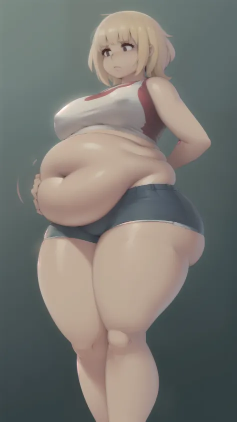 (masterpiece, best quality, highres, absurdres), 1girl, big belly, thick thighs, wide hips, art by kipteitei, blonde hair, short hair, messy hair, shorts, crop top, arms behind back, from below, simple background, gradient background,