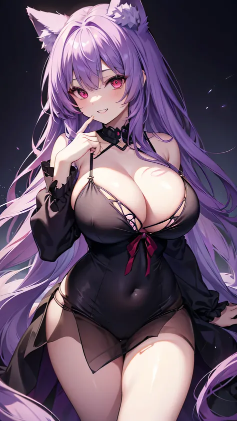 Wolf Girl, Large Breasts, Voluminous purple hair, masterpiece , Red eyes, hd, Thick thighs, Head to Chest, buried in my chest、Underboob、Double teeth、tooth、camisole、Chubby、Grinning