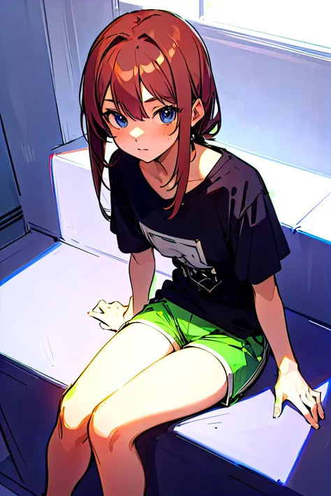 anime girl in t shirt and shorts detailed high quality sketch sitting 