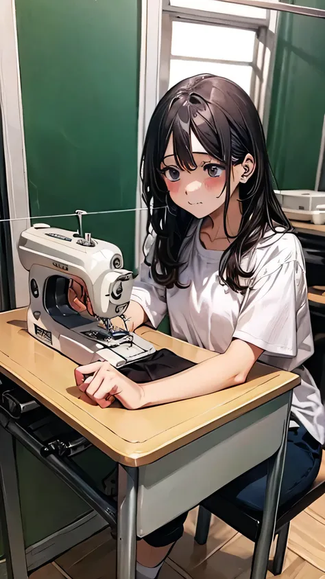 manga illustration, sewing machine, chica triste