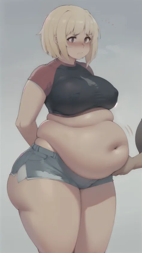 (masterpiece, best quality, highres), blush, embarrassed, 1girl, chubby belly, thick thighs, wide hips, art by kipteitei, blonde hair, short hair, messy hair, shorts, crop top, arms behind back, simple background, gradient background,