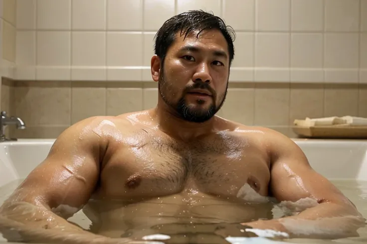 40-year-old Japanese former rugby player taking a bath　Stocky, fat, very short beard, very short hair
