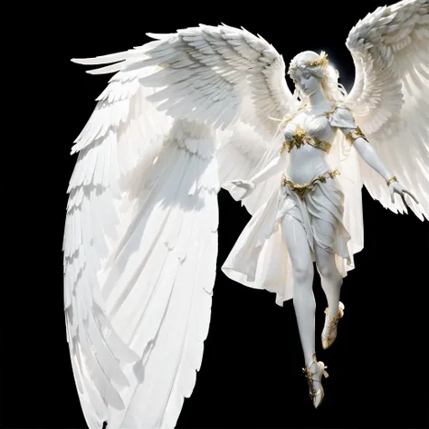 white bright glowing angel on black background, flying pose, beautiful woman angel, flat statue face, very big massive wings, wi...