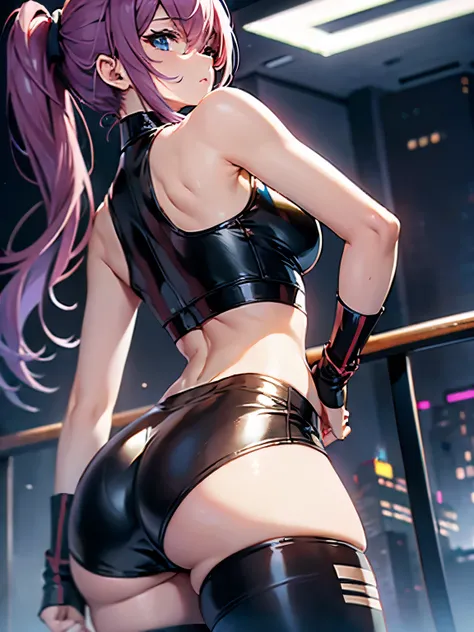 ((1 girl))、masterpiece、best quality、finely detailed, beautiful color, Meticulously drawn hair, Glossy realistic skin texture、shiny skin、 ((cyberpunk))、((dynamism posing:1.5))、((back view:1.3))、((from below:1.22))、((looking down at viewer:1.2))、((Being in m...