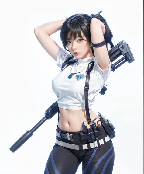 anime - style woman in white shirt and black pants holding a gun, inspired by leng mei, render of a cute 3d anime girl, trending...