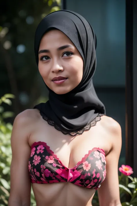 ((FLAT CHEST:1.7)), ((Lace)), (Happy smile), (((HIJAB MALAY GIRL))), masutepiece, High quality, UHD 32K, Realistic face, Realistic skin feeling , A Japanese Lady, 58 years old matured lady, , Very cute and baby-like face, (((FLAT CHEST))), (Night time at f...