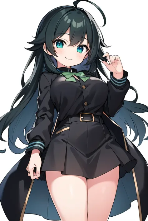 Junior high school student who looks like an elementary school student, 14 years old, very short, 140 cm tall, black hair with a slight green tinge, short ahoge, beautiful long hair but with a little hair sticking out, beautiful round eyes, blue eyes, smil...