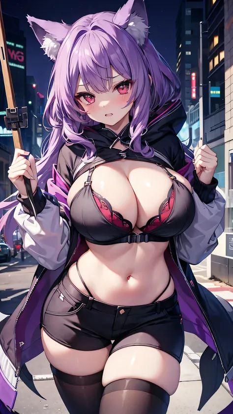 Wolf Woman, Big Breasts, Voluminous purple hair, masterpiece , Red eyes、Double teeth、tooth、Blushed cheeks、 hd, Head to Chest, buried in my chest、Underbust、Cleavage、hoodie、hot pants