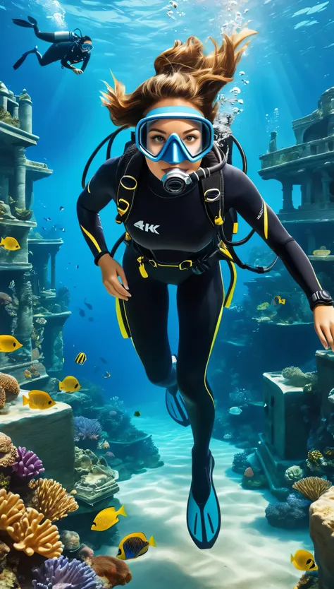 (best quality,4k,8k,highres,masterpiece:1.2),ultra-detailed,(realistic,photorealistic,photo-realistic:1.37), Diving, 1diver, girl, (high angle shot), scuba diving outfit, scuba diving mask, underwater adventure, sunken mythical city, Lost City of Atlantis