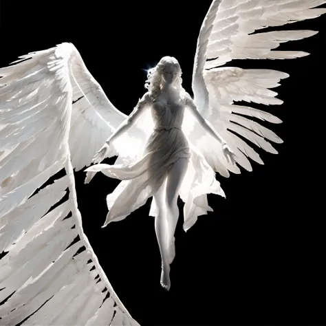 white bright glowing angel on black background, flying pose, beautiful woman angel, flat statue face, very big massive wings, wi...