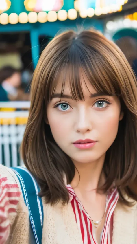 Best quality, 8k,  ,Masterpiece :1.3)), facing viewer,((full body1.2)) ,pretty woman, wide shot ,1girl, , selfie   , , in the Ferris Wheel ,, brown hair  , bangs,ultra-detailed face, highly detailed lips, detailed eyes, double eyelid