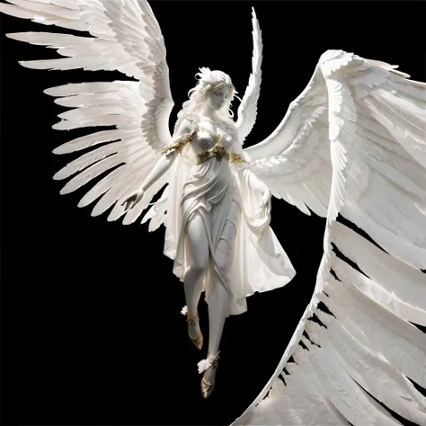 white bright glowing angel on black background, flying pose, beautiful woman angel, flat statue face, very big massive wings, wi...