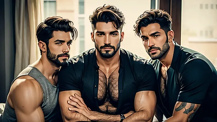 3 BEAUTIFUL MEN AROUND 35 YEARS OLD with very short cut hair WITH FACIAL HAIR AND HAIRY CHEST
