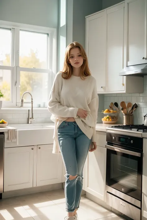 one girl, ((full body)), solo, oversized white cropped sweater, kitchen interior, (cinematic lighting, perfect lighting), (vivid...