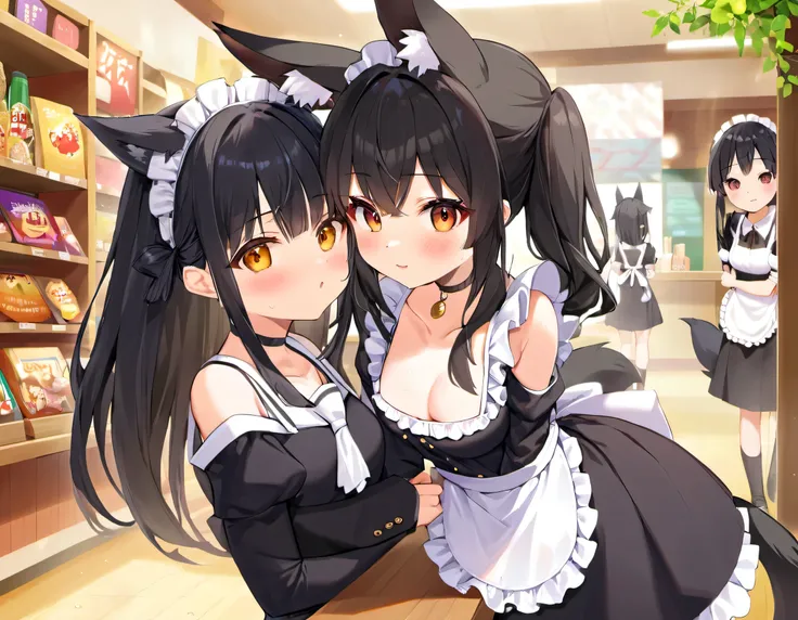 (Two Japanese girlasterpiece, 最high quality, high quality, High precision,Highly detailed 8K wallpapers、School festival、Obedient、Pure、（Maid Takoyaki Shop）、Maid clothes、Shoulder-baring orthodox maid、Sweat、（girl、Slender body、hair ornaments、Fox Ears、Black Hai...