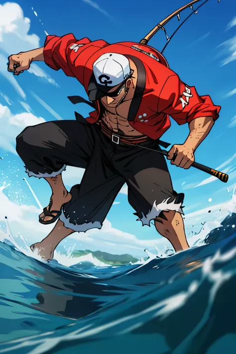 One Piece male fighter badass caractere with fishing rod in the back, fighting position